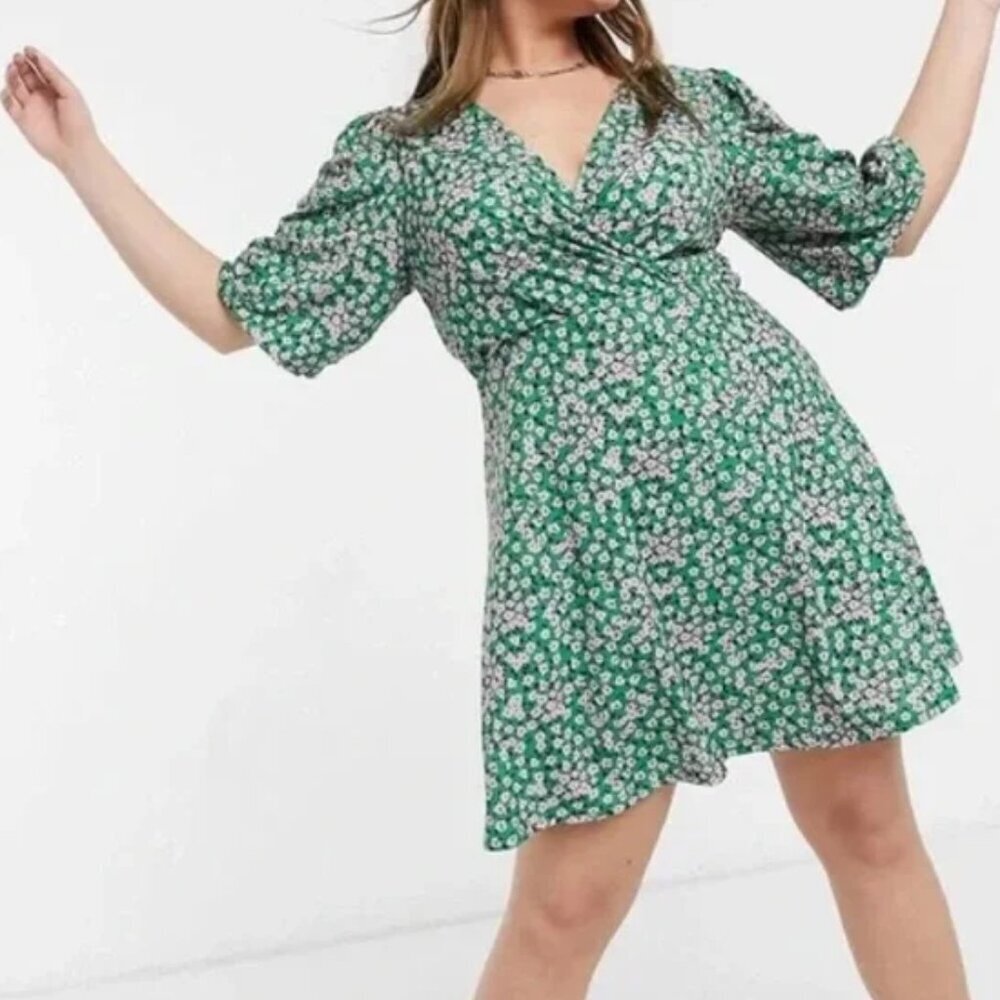 ASOS | Green and Purple Floral Mini Tea Dress with Twist Front Size 8